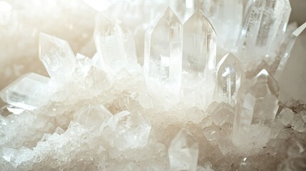 Gypsum crystals, white and translucent, delicately arranged on a soft surface, with light shining through. No people, copy space