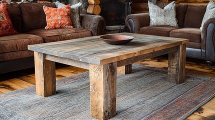 Watercolor rustic barnwood coffee table with a weathered finish, in a cozy cabin.