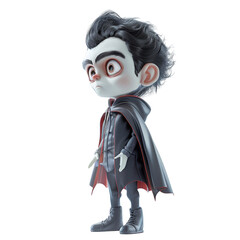 Obraz premium 3D illustration of a cute vampire character in a cape, standing with a curious expression. Perfect for Halloween designs and creative projects.