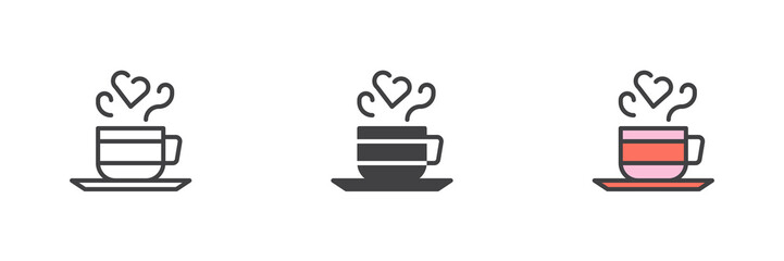 Coffee cup with heart shape steam different style icon set