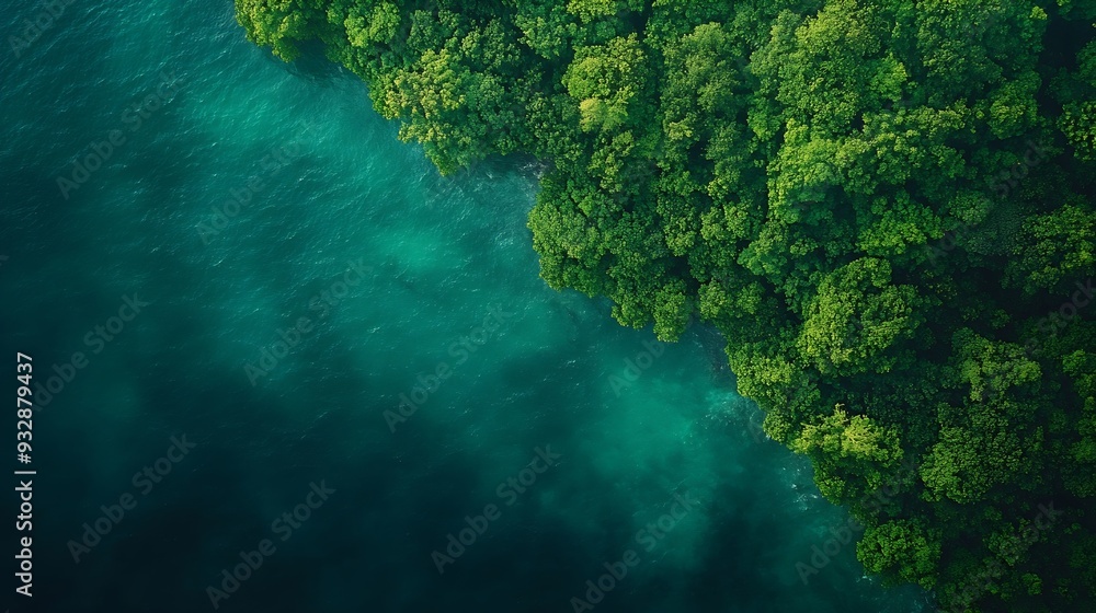 Poster aerial view of the dark green forest and the sea natural ecosystems of forests and oceans concept of