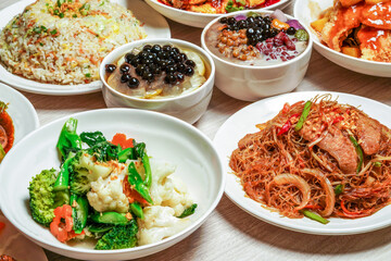 Assortment Chinese Cuisine, Egg Fried Rice, Sauteed Pork Liver, mix vegetables, Stir Fried Rice Vermicelli, Sweet sour fish fillet, saliva chicken, taro balls grass jelly, Honey Lemon Aloe vera boba