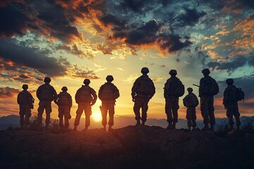 Fototapeta premium A varied team of troops in tactical gear devises plans amidst a sunlit, wooded landscape.
