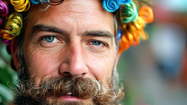 Bearded man with piercing blue eyes and a colorful, quirky hairstyle made of curlers, exuding confidence and a unique personal style.