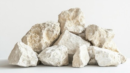 Limestone rocks of varying sizes, placed in a rough arrangement on a white surface. No people, copy space