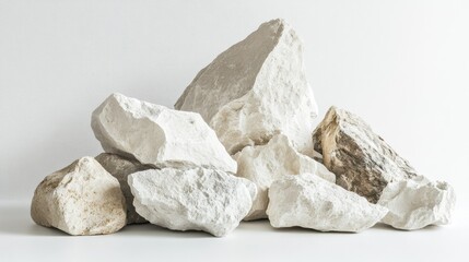 Limestone rocks of varying sizes, placed in a rough arrangement on a white surface. No people, copy space