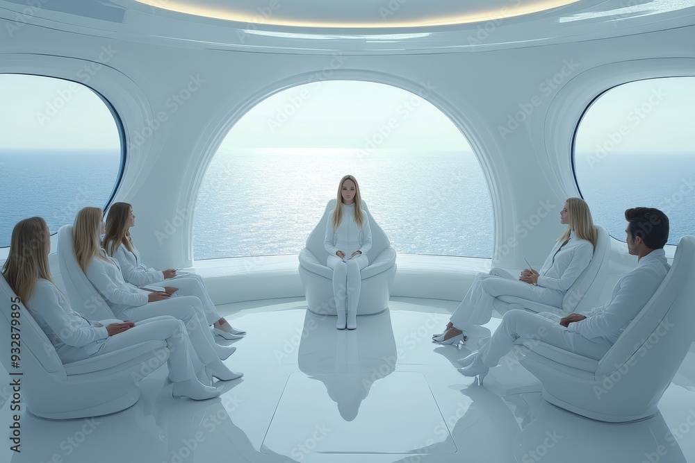 Aufkleber futuristic scene of a group meeting in a sleek modern room representing the convergence of advanced 