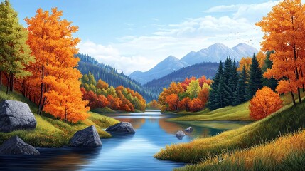 Obraz premium A serene landscape showcasing autumn foliage, a tranquil river, and majestic mountains under a clear blue sky.