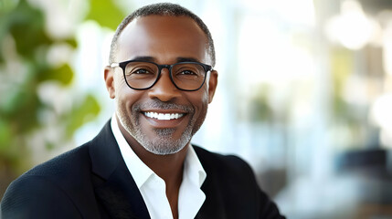 Fototapeta premium Portrait of a smiling mature man in glasses, wearing a suit.