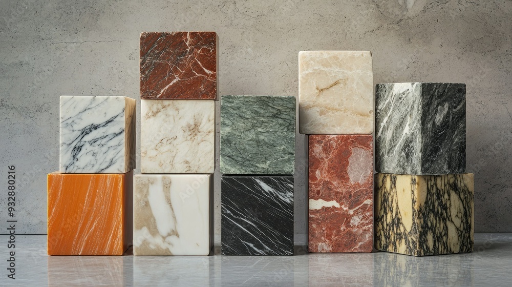 Aufkleber marble blocks in various colors and patterns, arranged in a neat stack on a smooth surface. no peopl