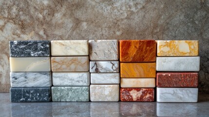 Marble blocks in various colors and patterns, arranged in a neat stack on a smooth surface. No people, copy space