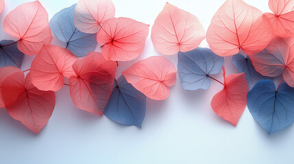 Obraz premium Delicate neon coral and sky blue summer leaves with tiny bougainvillea petals on a white backdrop. Minimalistic, high resolution, clear sharp focus, hyper-detailed