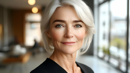 Fototapeta premium Portrait of a smiling mature woman with short gray hair.