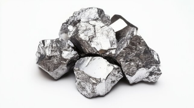 Titanium ore fragments, rough and shiny, placed on a plain white background. No people, copy space