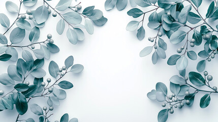 Small emerald green and silver winter leaves with mini mistletoe on a white backdrop. Minimalistic, high resolution, clear sharp focus, hyper-detailed