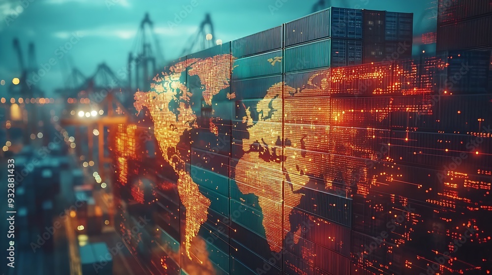 Aufkleber World map with logistic network distribution on background Logistic and transport concept in front Container Cargo freight ship for Concept of fast or instant shipping Online goods ord : Generative AI