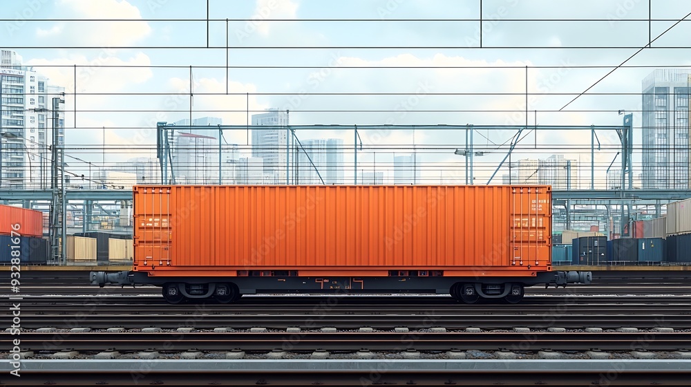 Poster train wagons carrying cargo containers for shipping companies distribution and freight transportatio