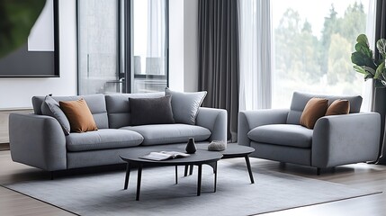 Fototapeta premium Interior of modern living room with grey sofas armchair and coffee table : Generative AI