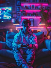 Fototapeta premium A disinterested individual participates in a virtual gaming tournament, frantically pressing buttons on a controller in a neon-lit living space.