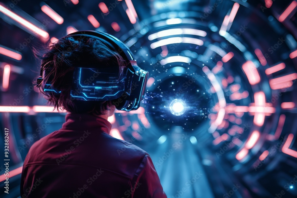 Aufkleber sci fi scene of a woman standing in a futuristic tunnel representing the journey through advanced te