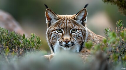 Obraz premium Iberian Lynx Lynx pardinus is a Wild Cat Species Endemic to the Iberian Peninsula in southwestern Europe Wild Animal in Ambush Camouflage in Andujar Spain Wildlife Scene of Nature in E : Generative AI