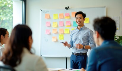 Young Asian Male Professional Presenting Creative Ideas During a Collaborative Team Meeting