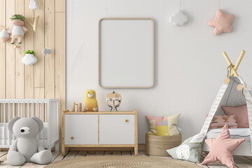 A whimsical colorful furniture interior blank photo frame mockup in a child toy elements, 3d render