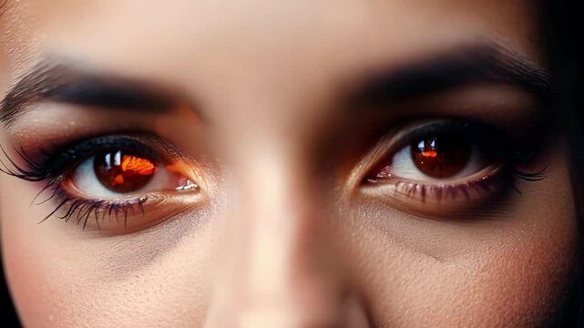 Woman's fiery makeup intensifies her gaze, exuding power and passion. Perfect for beauty or fashion projects, her glowing eyes against a dark background create a mesmerizing portrait
