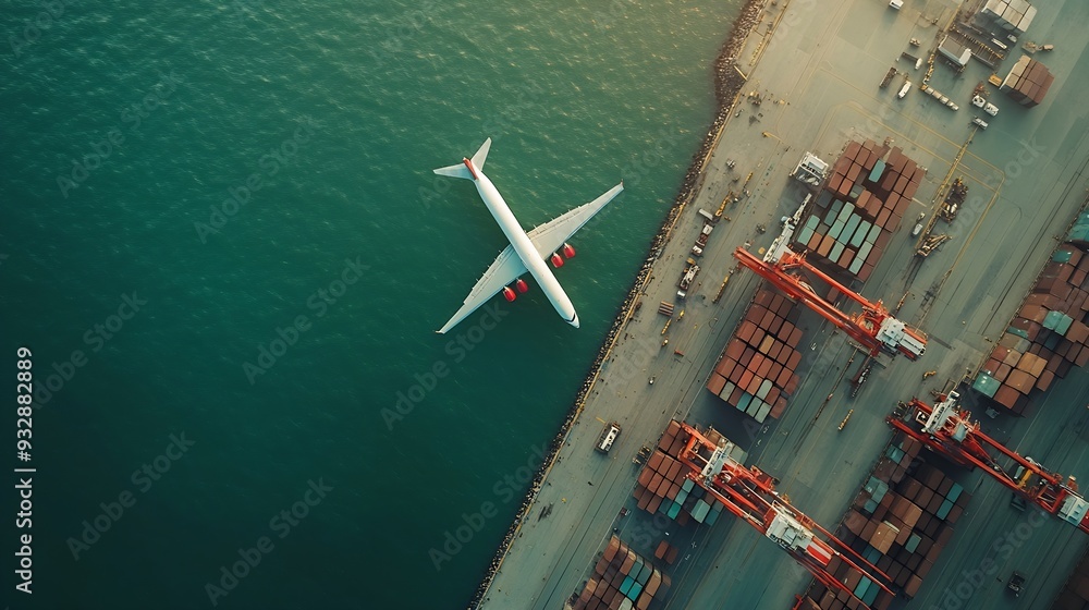 Poster aerial view and top view cargo plane flying above ship port in the export and import business and sm