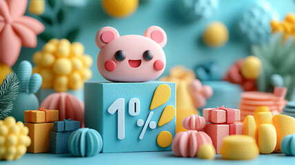 Obraz premium 3D objects in a playful cartoon plastic style, including a gift box and percentage symbol, perfect for sales promotions.