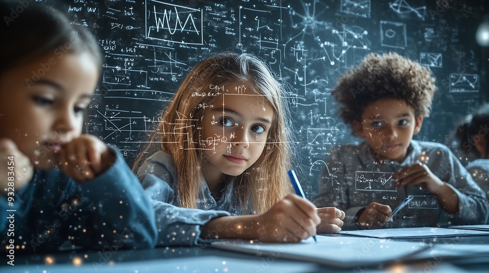 Poster image of mathematical equations over diverse schoolchildren writing global education and digital int