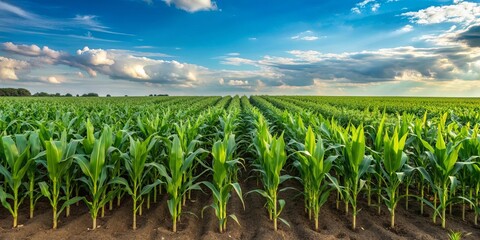 Agricultural landscape with rows of tall corn plants in a vast field, corn, crop, farm, agriculture, rural, harvest
