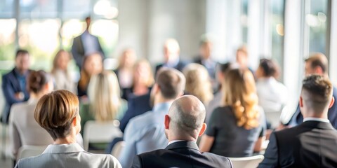 Blurred background of an audience at a corporate seminar or workshop.
