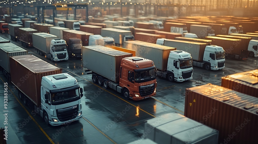 Poster container trucks parked loading package boxes at dock warehouse cargo container distribution warehou
