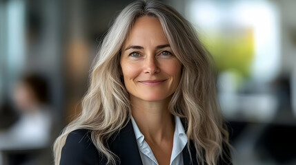 Obraz premium Portrait of a smiling woman with long blonde hair, wearing a black jacket over a white shirt, looking directly at the camera.