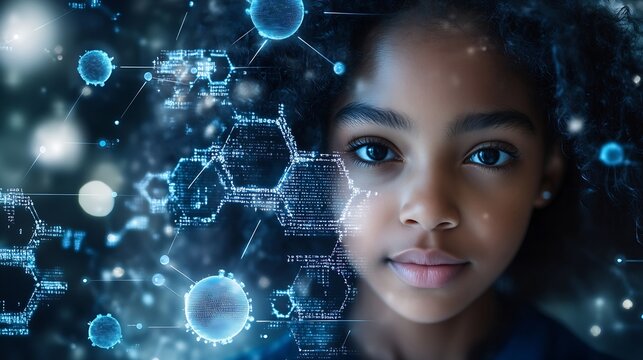 Image of data processing and chemical formula over biracial schoolgirl global science data processing and digital interface concept digitally generated image : Generative AI