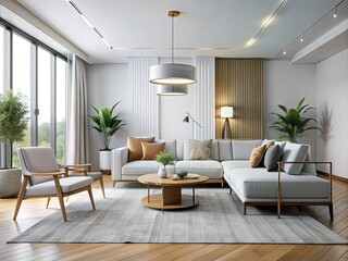 Sleek lines, soft hues, and refined accents create a serene atmosphere, perfect for showcasing elegant furnishings and defining a sense of understated sophistication.