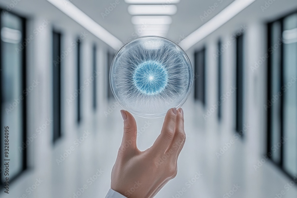 Poster scientist holding a digital hologram in a futuristic corridor representing the integration of ai dat