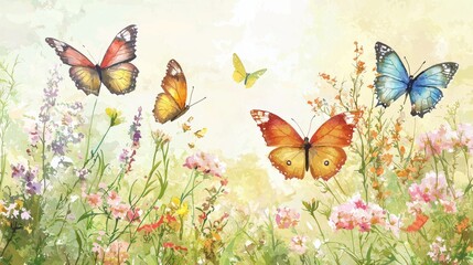 A beautiful illustration of colorful butterflies fluttering over vibrant wildflowers in a serene, dreamy landscape.