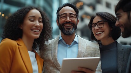 Business people team and laughing with tablet in office for funny online browsing comic email and research Group employees or collaboration with digital tech for planning networking or : Generative AI