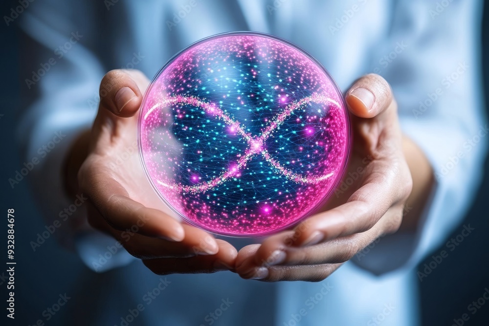 Poster scientist holding a vibrant glowing orb with interconnected nodes representing the synergy between b