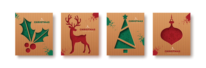 Christmas greetings card  vector card poster design. Merry christmas greeting text with printed elements like holly berry, reindeer, xmas tree and lantern in brown folded paper cut background. Vector  © Zeinous