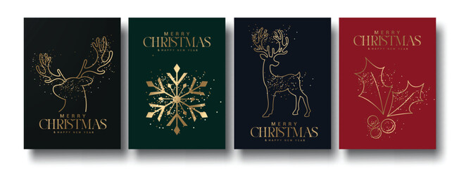 Christmas greeting glitter card vector poster set design. Merry christmas greeting text in elegant template with elegant shining glitters gold elements for xmas layout collection. Vector illustration 