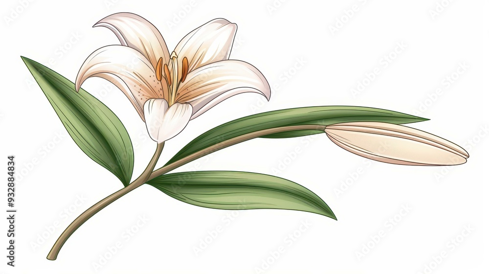 Sticker A delicate white lily stands tall with its sleek green stem, rendered in a soft watercolor style against a clean white backdrop.