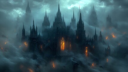 Fototapeta premium Dark Castle in Foggy Night, Mysterious Architecture