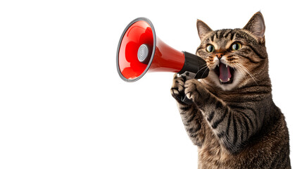 A funny cat holding a megaphone and announcing with an isolated background