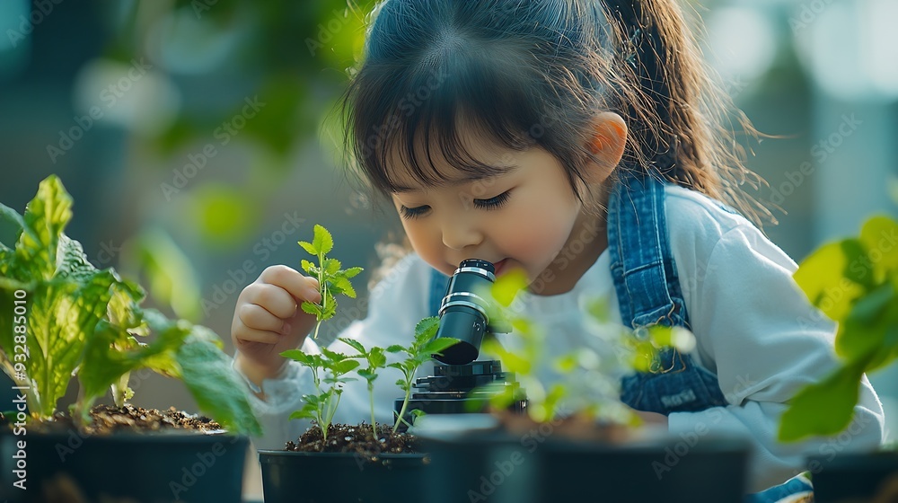 Poster Learning students and children in classroom for microscope teacher and science for experiment of plants Container sample and observation of nature growth and development of kids with e : Generative AI