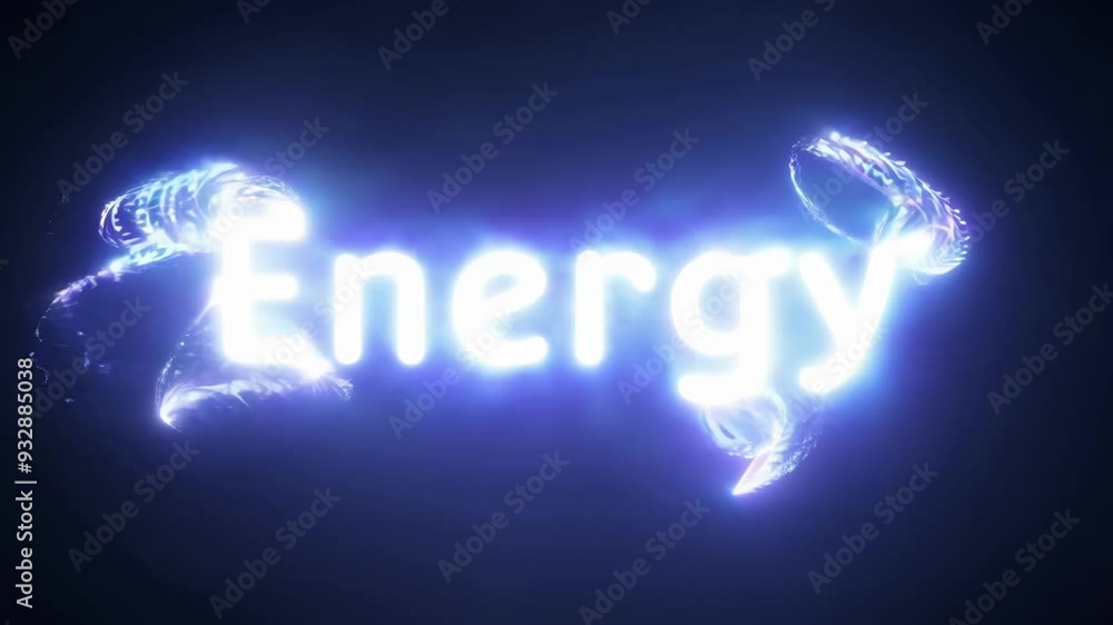 Poster energy word gradually forms from electric current sparks against a black background, creating a stri