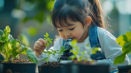 Learning students and children in classroom for microscope teacher and science for experiment of plants Container sample and observation of nature growth and development of kids with e : Generative AI