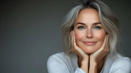 Obraz premium Portrait of a woman with gray hair and blue eyes smiling with her hands on her face.
